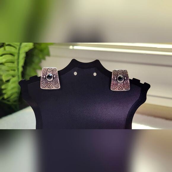 Aztec Art Deco Stud Earrings – Antiqued Silver with Black Stone, Pierced Ears - Picture 3 of 6
